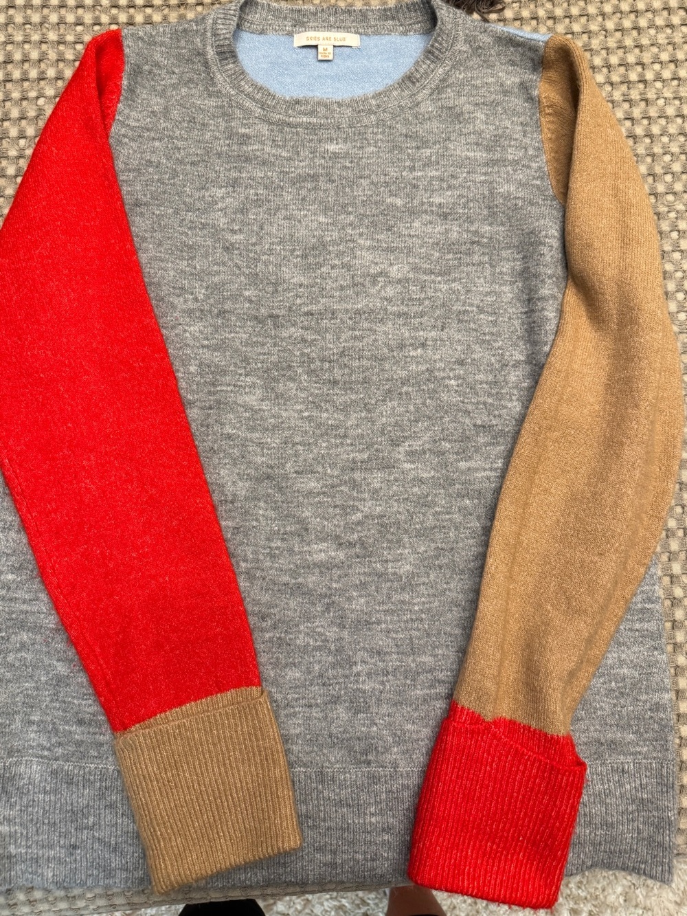 Skies Are Blue Gray Crewneck Sweater with Red and Tan Sleeves